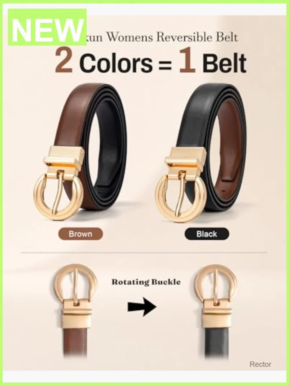 Reversible Faux Leather Belt with Rotating Gold Buckle
